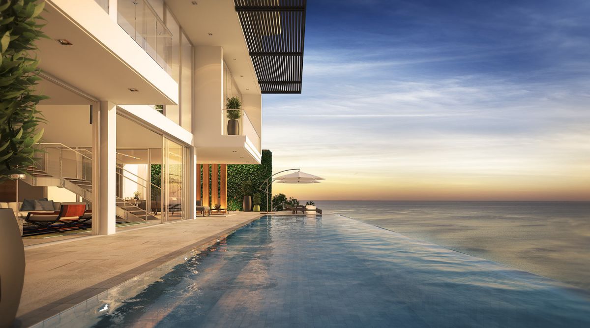 A rendering of a luxury outdoor terrace with infinity pool. 