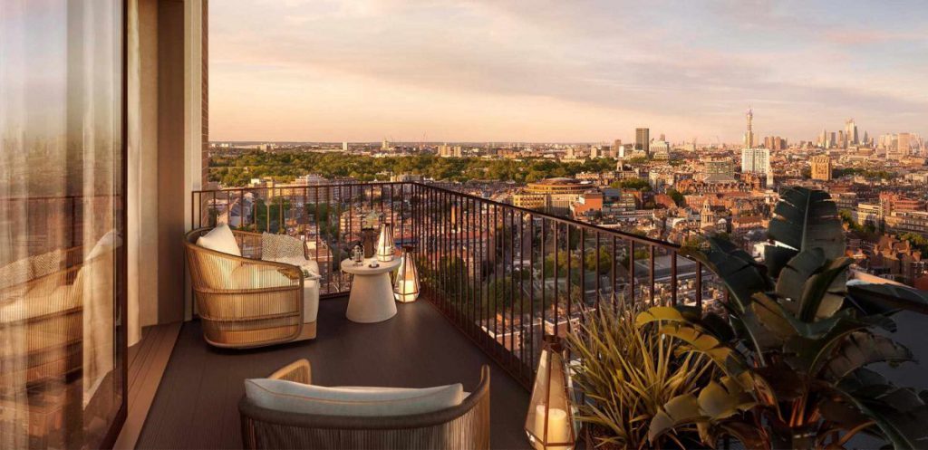 A view of the London skyline from an apartment terrace at West End Gate.