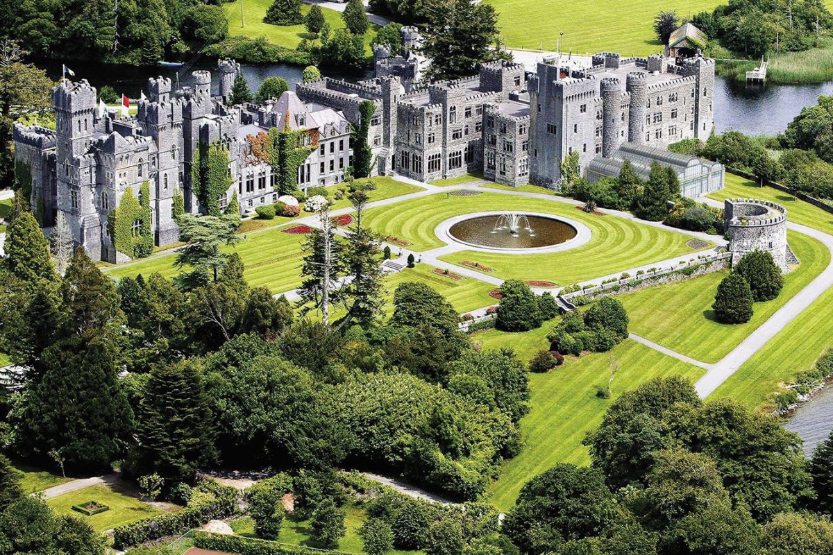 Ariel shot of Ashford Castle in Ireland. 