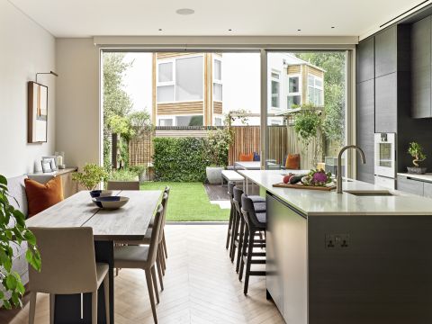 open plan kitchen dining room in London terraced house.