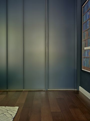 Hidden door to bathroom closed in bedroom