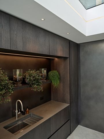 Roof light in modern kitchen extension. The kitchen is dark, moody and modern decorated with botanicals.