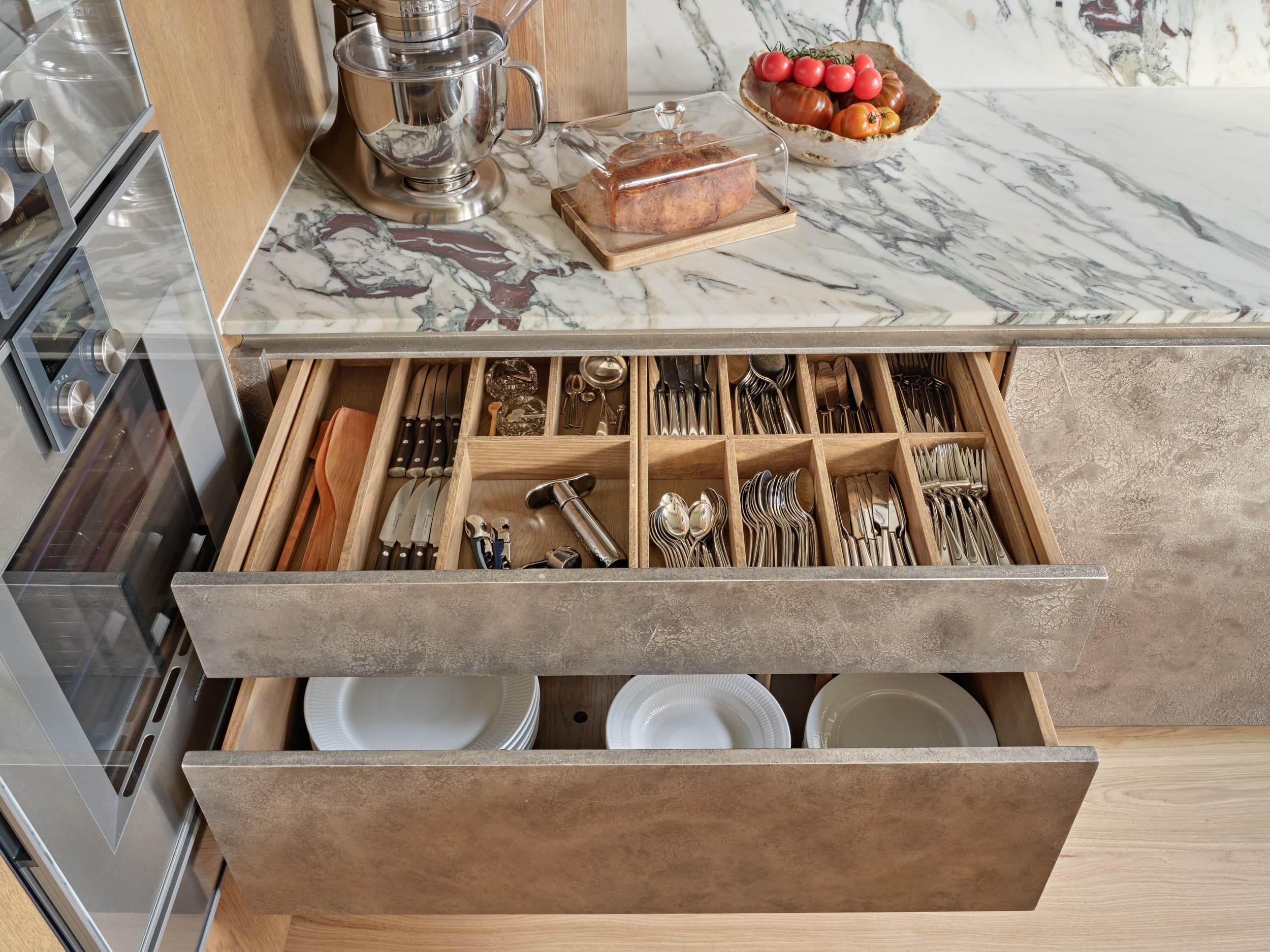 Cutlery organisation in drawers.